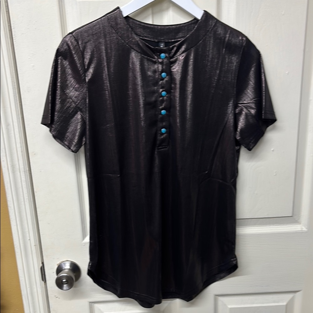 Shiny Black Short Sleeve Top with Blue Buttons